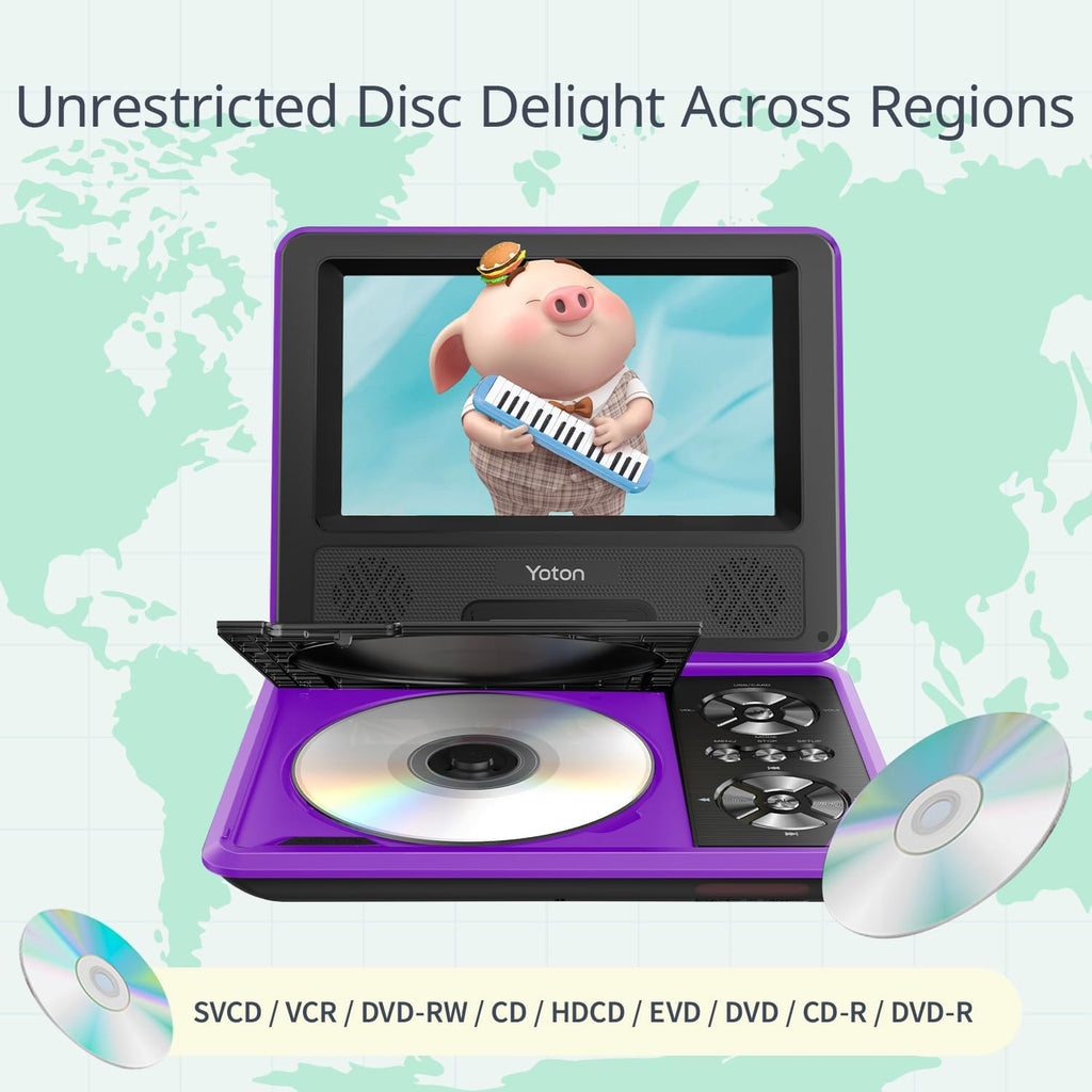 Portable DVD Player with 7.5" HD Swivel Screen for Car and Kids, with Car Charger and AC Adaptor, 1080p, Purple