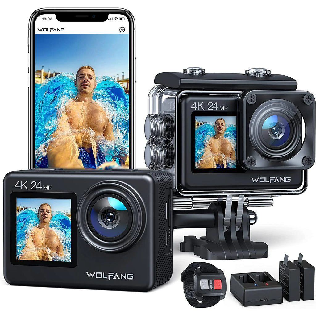 Action Camera 4K 24MP, 40M Waterproof Camera 170° Wide Angle EIS Stabilization WiFi Adjustable Wide Angle Helmet Camera