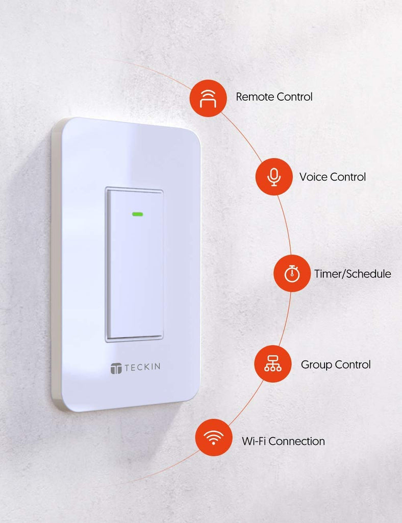 Smart Light Switch,TECKIN 2.4Ghz WiFi Light Switch,15A Single Pole Smart Switch,Works with Alexa and Google Home,Remote and Voice Control,Timing Schedule,Neutral Wire Required,No Hub Needed (2 Pack)