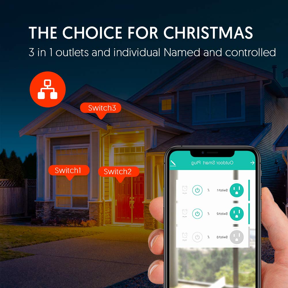 Outdoor Smart Plug TECKIN Wi-Fi Outlet with 3 Individual Sockets, Wireless Remote Control Timer and Schedule IP44 Waterproof FCC/RoHS Certified.
