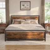 Asofer Full Metal Platform Bed Frame with Wooden Headboard, Large Underbed Storage, Brown