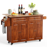 Noelse 52" Kitchen Island Carts with Drop Leaf, Large Island Table for Kitchen with Rubber Wood Top and Rack and Storage Cabinet, Brown