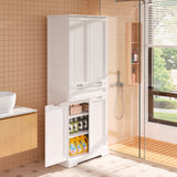 71" Tall Kitchen Pantry Storage Cabinet with Doors and 10 Shelves, Noelse Wooden Food Storage Cabinet with Large Drawer for Dining Room and Craft Room, White