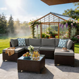 Patio Furniture Set, Asofer 7-PCS Sectional Rattan Sofa with Cushions & Coffee Table for Garden, Backyard, Gray
