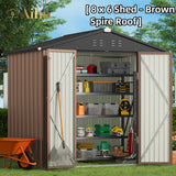 8' x 6' Metal Outdoor Storage Shed with Double Lockable Doors - Light Brown