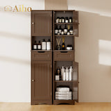 67" Bathroom Storage Cabinet with Acrylic Doors & Open Shelves, Linen Cabinet for Bathroom, Freestanding - Brown