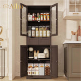 64" H Kitchen Pantry Cabinet with Glass Doors and Adjustable Shelves, Freestanding - Dark Brown