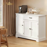 33" H Kitchen Storage Cabinet, Coffee Bar Cabinet with Drawer & Cubbies & Shelves, Sideboard Buffet Cabinet for Kitchen, Dining Room - White