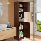 67" Bathroom Storage Cabinet with Acrylic Doors & Open Shelves, Linen Cabinet for Bathroom, Freestanding - Brown