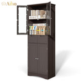 64" H Kitchen Pantry Cabinet with Glass Doors and Adjustable Shelves, Freestanding - Dark Brown