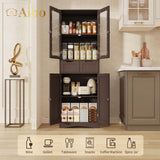 64" H Kitchen Pantry Cabinet with Glass Doors and Adjustable Shelves, Freestanding - Dark Brown