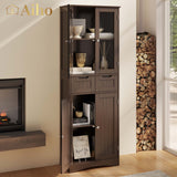 64" H Kitchen Pantry Cabinet with Glass Doors and Adjustable Shelves, Freestanding - Dark Brown