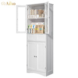 64" H Kitchen Pantry Cabinet with Glass Doors and Adjustable Shelves, Freestanding - White