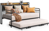 Daybed with Trundle, Twin Day Bed Frame with Storage Headboard and Charging Station, Sturdy Metal Sofa Bed with Pull-Out Trundle for Living Room, Bedroom and Guest Room - Grey