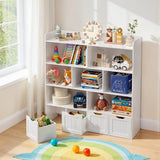 Noelse Toy Storage Cabinet and Kids Bookcase with 4 Movable Drawers and 8 Open Shelves Toy Chest Shelf Organizer with Hidden Wheels for Playroom Nursery Kids Room, White