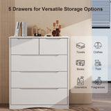 White Dresser for Bedroom with 5 Drawers, Wood Tall Chest of Drawers, Built-in Handle Drawers for Bedroom, Home, Living Room, Hallway - White