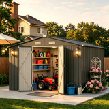 10x10 FT Sheds & Outdoor Storage with Lockable Doors, Waterproof | Galvanized Steel Garden Shed for Outdoors | Dark Drey