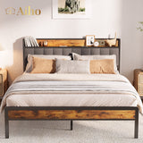 Queen Bed Frame, Metal Bed Frame with Storage Headboard, Sturdy and Stable, All-Metal Support, Noise Free - Dark Gray Headboard