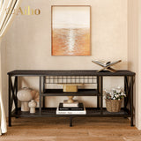 Mid-Century Wooden TV Stand for TVs up to 65" with Open Storage Shelves and Metal Frame - Black