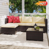 Outdoor Patio Furniture Sets, 3 Piece Outdoor Sectional Patio Sofa, All Weather Outdoor Sofa PE Garden Furniture, Wicker Rattan Patio Conversation Set with Glass Table and Cushions - Beige