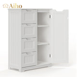 33.5 "H Wooden Bathroom Floor Cabinet, Side Storage Organizer Cabinet with 4 Drawers, 1 Cupboard & 2-Shelves MDF-White