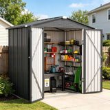 Asofer 6x4 FT Galvanized Steel Storage Shed, Double Lockable Hinged Doors, All-Weather Outdoor Utility Shed, Gray