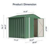 Asofer 8x6 FT (48 Sq Ft) Galvanized Metal Garden Shed with Double Lockable Doors - Green