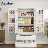 Asofer 47" Kitchen Pantry Cabinet, Storage Cabinet with Drawers, Buffet Cabinet with Storage for Dining Room, White