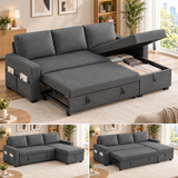 80" Lofka L-Shaped Sleeper Sofa Bed, Pull-Out Linen Couch with Reversible Chaise Gray Sofa with Side Pockets