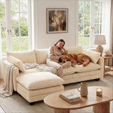 Asofer 110" Oversized Corduroy Sectional Sofa, 3‑Seater Cloud Modular Couch with Ottoman & Throw Pillows for Small Space & Apartment, Beige