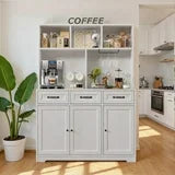 Noelse Kitchen Pantry Cabinet with Microwave Shelf 60" Tall Coffee Bar Cabinet with Storage Kitchen Hutch with Countertop for Dining Room and Craft Room, White