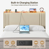 Asofer Full Bed Frame w/Upholstered Wingback, Wood Slats, Charging Station & LED Lights, Beige