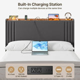 Asofer Full Bed Frame w/Upholstered Wingback, Wood Slats, Charging Station & LED Lights, Dark Gray