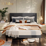Full Bed Frame with 4 Storage Drawers and 2-Tier Headboard - Gray