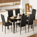 Asofer 7 Piece Dining Table Sets For 6, Glass Kitchen Table, PU Leather Chair, Dining Room, Black