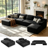U-Shape Sectional Sofa, Lofka 135'' Modular Sectional Couch with Chaise Lounge, Couch Comfy Corduroy Floor Sofa for Living Room, Corduroy Upholstered 4-Seater Sofa with Pillow Back and Square Arms,