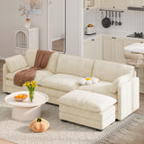 Noelse 110.2" L Shaped Living Room Sofa Modular Sectional Cloud Couch with Movable Ottoman, 3-Seater Comfy Corduroy Deep Seat Sofa with 2 Pillows for Living Room, Bedroom and Apartment, Beige