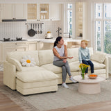 Noelse 110.2" L Shaped Living Room Sofa Modular Sectional Cloud Couch with Movable Ottoman, 3-Seater Comfy Corduroy Deep Seat Sofa with 2 Pillows for Living Room, Bedroom and Apartment, Beige