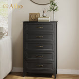 Farmhouse Dresser for Bedroom, Tall Wood Dresser with 5 Drawer, Chest of Drawers with Metal Handle for Living Room, Hallway, Closet - Black