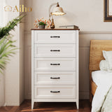 Farmhouse Dresser for Bedroom, Tall Wood Dresser with 5 Drawer, Chest of Drawers with Metal Handle for Living Room, Hallway, Closet - Retro Desktop