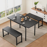 Aiho 3-Piece Dining Table Set for 4-6 People, Extendable Kitchen Table Set with 2 Benches, Dining Room Table set with Metal Frame and Wood Board, Easy Assembly, Black