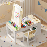 3 in 1 Kid Table & Chair Set Drawing, Child Activity Table, Kids Table Set Painting with Cabinet - Natrual