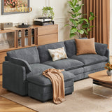 110" Convertible Sectional Couches Sofa, 3 Seat L Shaped Couch with Combination Movable Ottoman abd Double Layer Cushions, Corduroy Fabri for Living Room, Apartment and Small Space - Gray