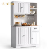 71" Farmhouse Kitchen Pantry Storage Cabinet, Modern Coffee Hutch with Doors, Shelves & Microwave Stand, Cupboard for Dining Room - White+Retro