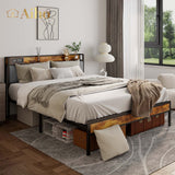 Full Bed Frame, Metal Bed Frame with Storage Headboard, Sturdy and Stable, All-Metal Support, Noise Free - Light Gray Headboard