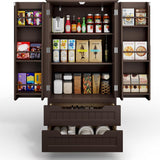 Noelse Pantry Storage Cabinets with Doors and Shelves, 47'' Kitchen Pantry with 2 Large Drawers for Kitchen Dining Room and Living Room, Dark Brown
