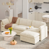 110" Convertible Sectional Couches Sofa, 3 Seat L Shaped Couch with Combination Movable Ottoman abd Double Layer Cushions, Corduroy Fabric for Living Room, Apartment and Small Space - Beige