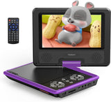 Portable DVD Player with 7.5" HD Swivel Screen for Car and Kids, with Car Charger and AC Adaptor, 1080p, Purple