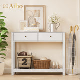 Console Table with Drawers, 39" Hallway Entryway Table with 2 Tier Storage, Sofa Table for Living Room - White