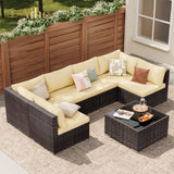 7-Piece Modular Outdoor Sectional Wicker Patio Conversation Set with 2 Pillows, Coffee Table for Garden, Yard, Patio - Beige